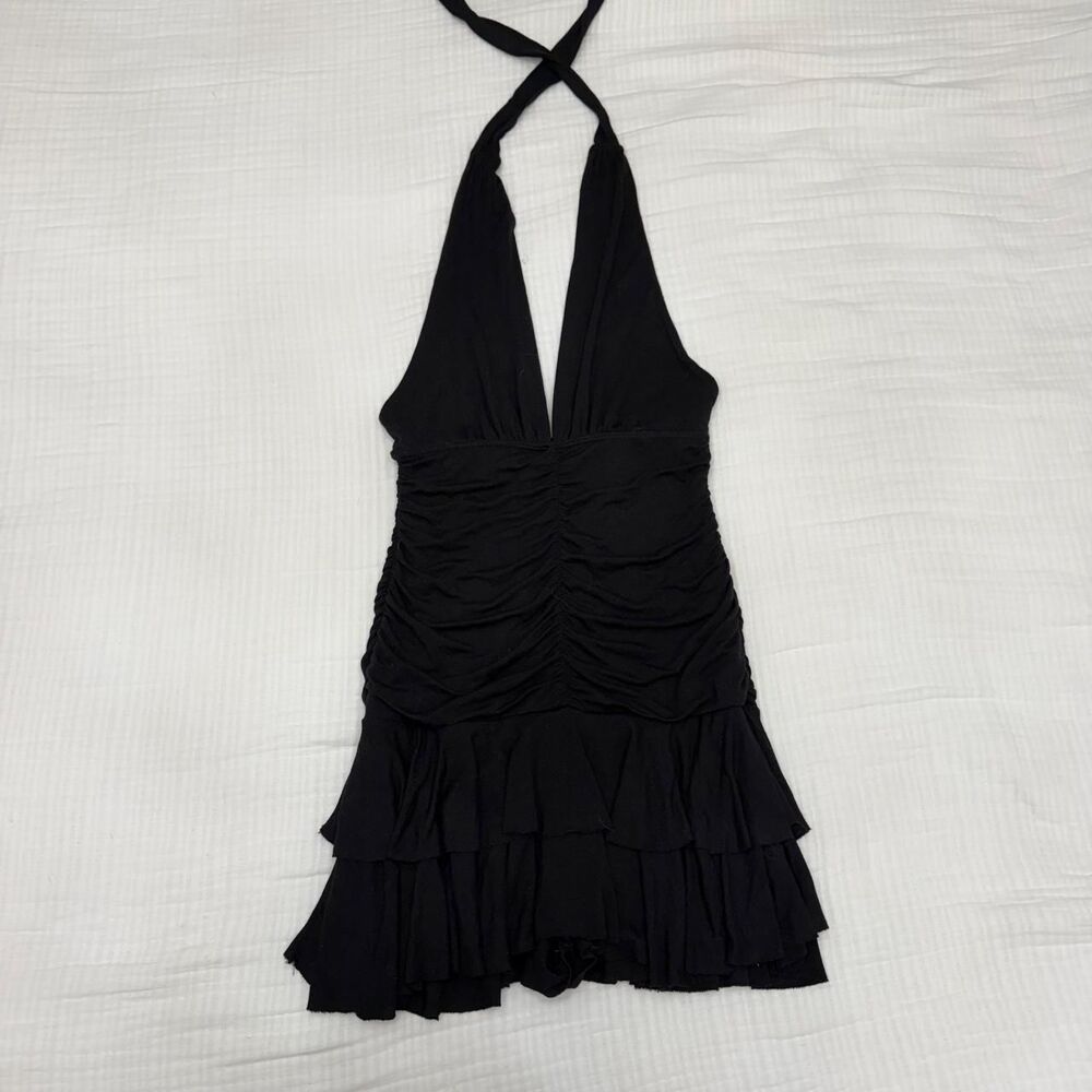 urban outfitters black ruched halter mini dress